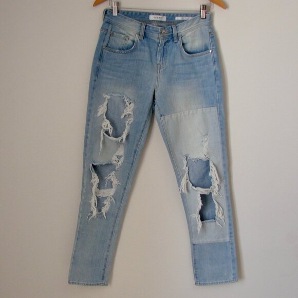 Guess Jeans Boy Fit Relaxed High Waist Distressed Grunge Punk Light Wash Size 25 - Picture 5 of 15